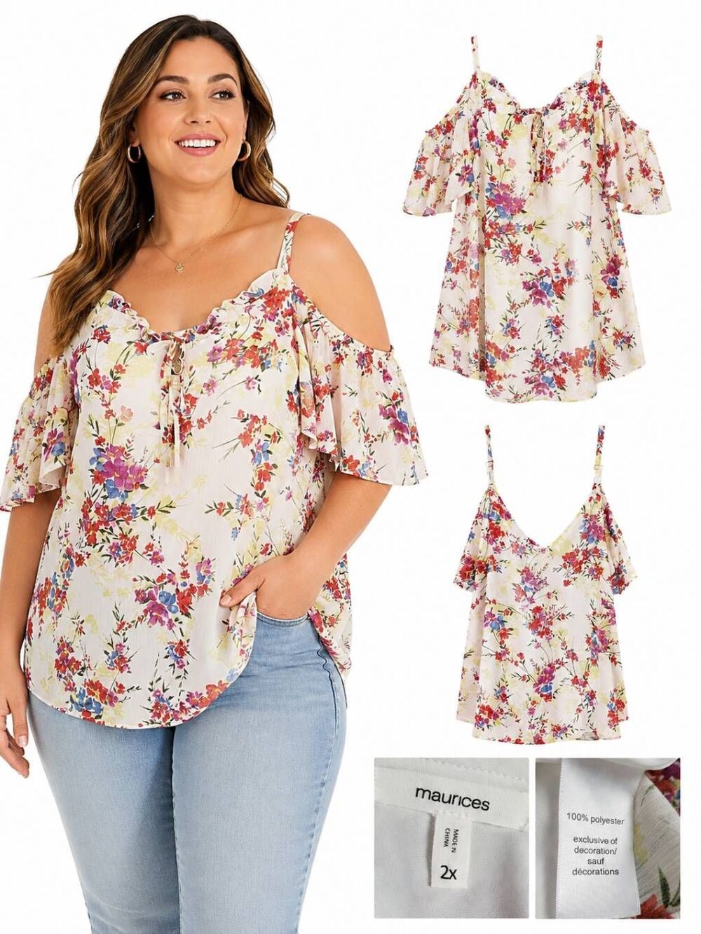 Maurices 2X Floral Cold Shoulder Blouse Boho Peasant